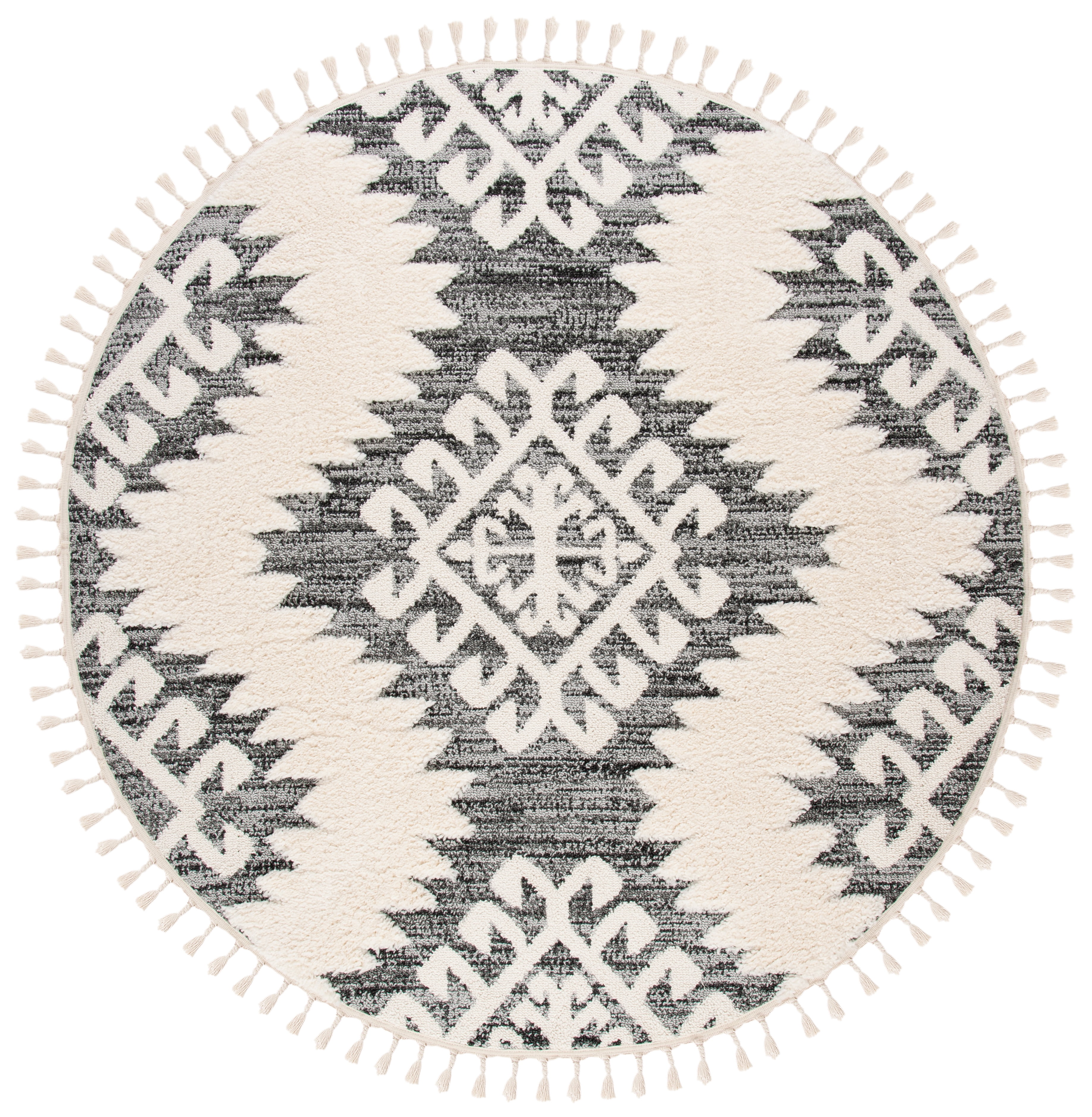 SAFAVIEH Moroccan Tassel Shag Desmond Area Rug, Ivory/Grey, 6'7" x 6'7" Round