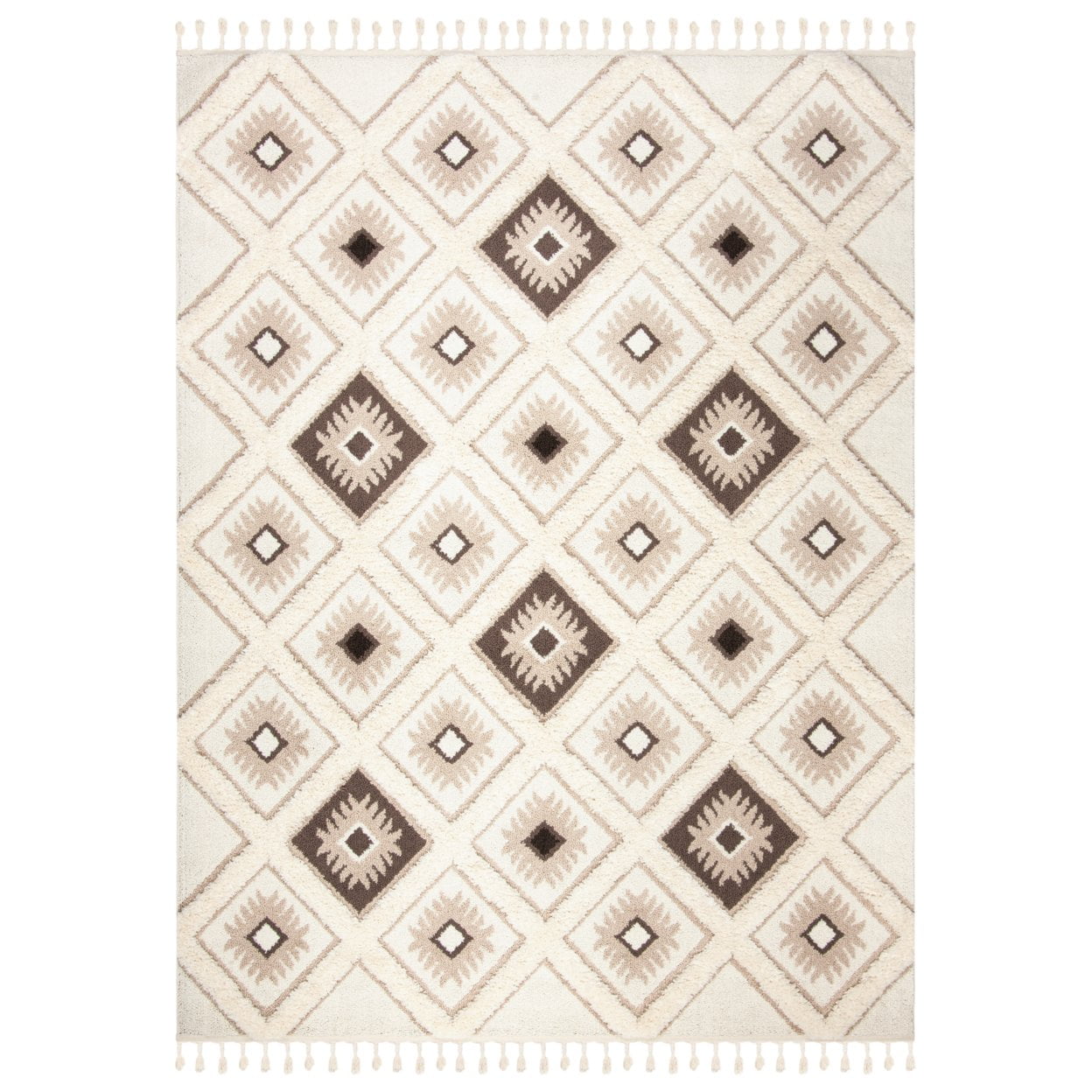 Ivory/Brown Diamond Braided Shag Area Rug 4' x 6'