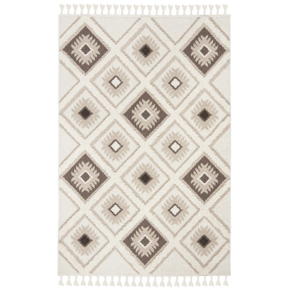 SAFAVIEH Moroccan Tassel Shag Elsie Moroccan Geometric Area Rug, Ivory/Brown, 5'3" x 7'6"