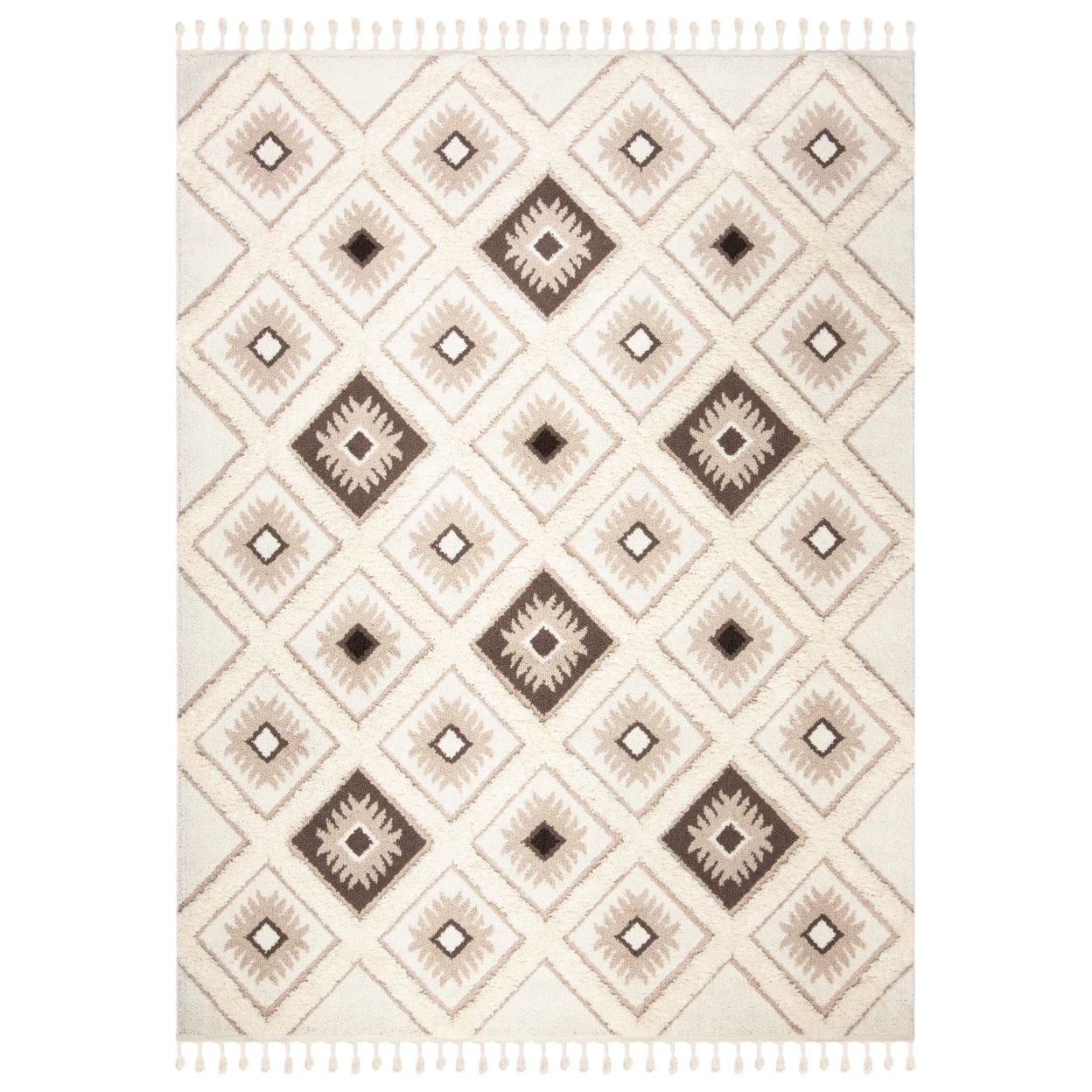 SAFAVIEH Moroccan Tassel Shag Elsie Moroccan Geometric Area Rug, Ivory/Brown, 8' x 10'