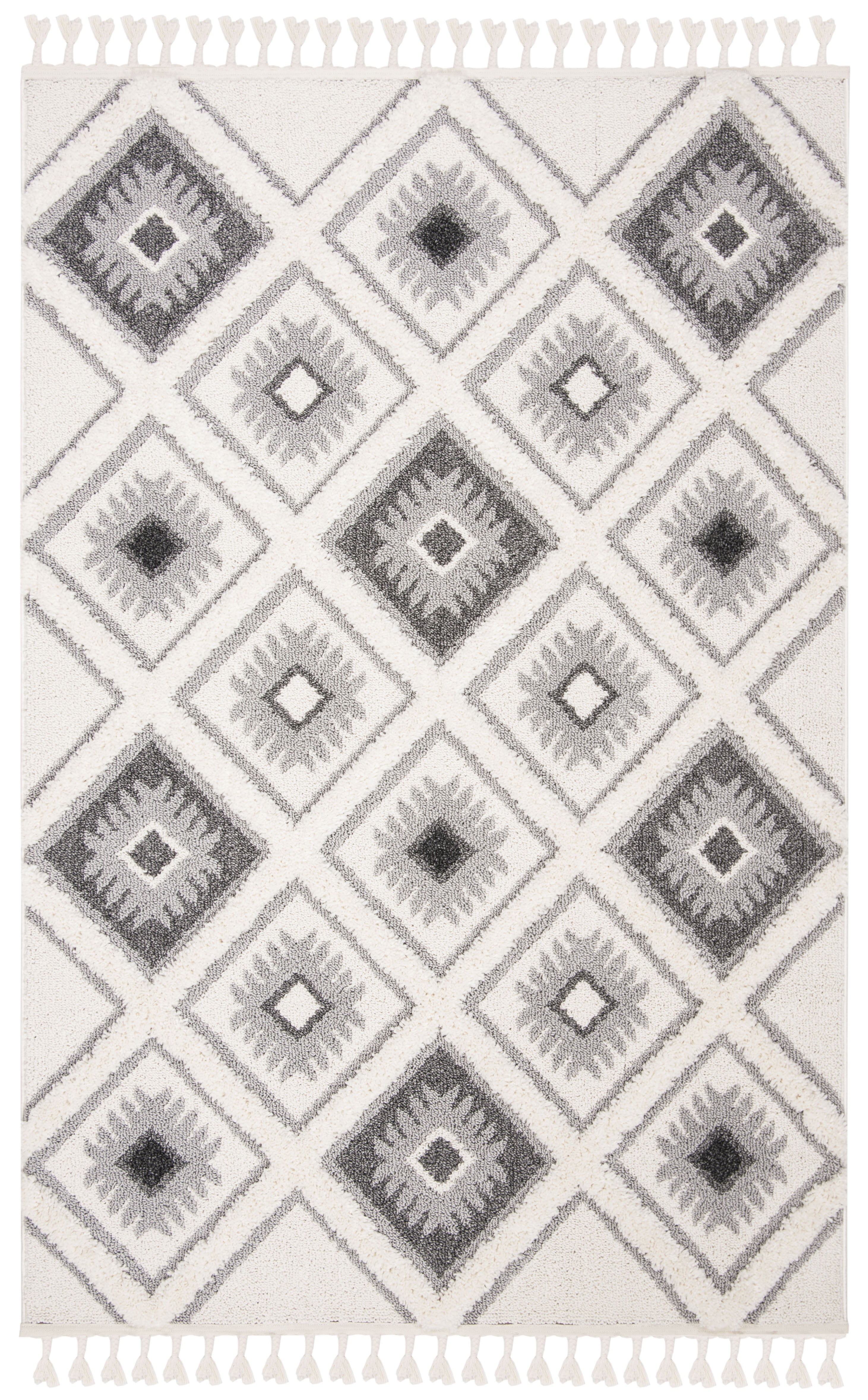 SAFAVIEH Moroccan Tassel Shag Elsie Moroccan Geometric Area Rug, Ivory/Grey, 5'3" x 7'6"
