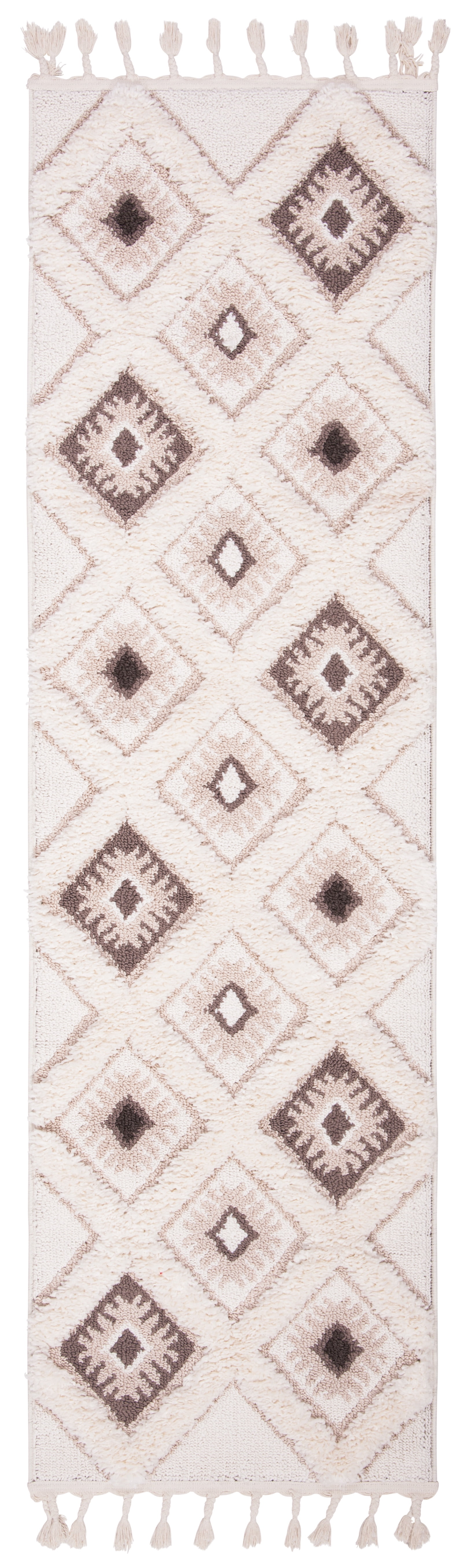Ivory & Brown Diamond Braided Shag Runner Rug - Handmade Synthetic