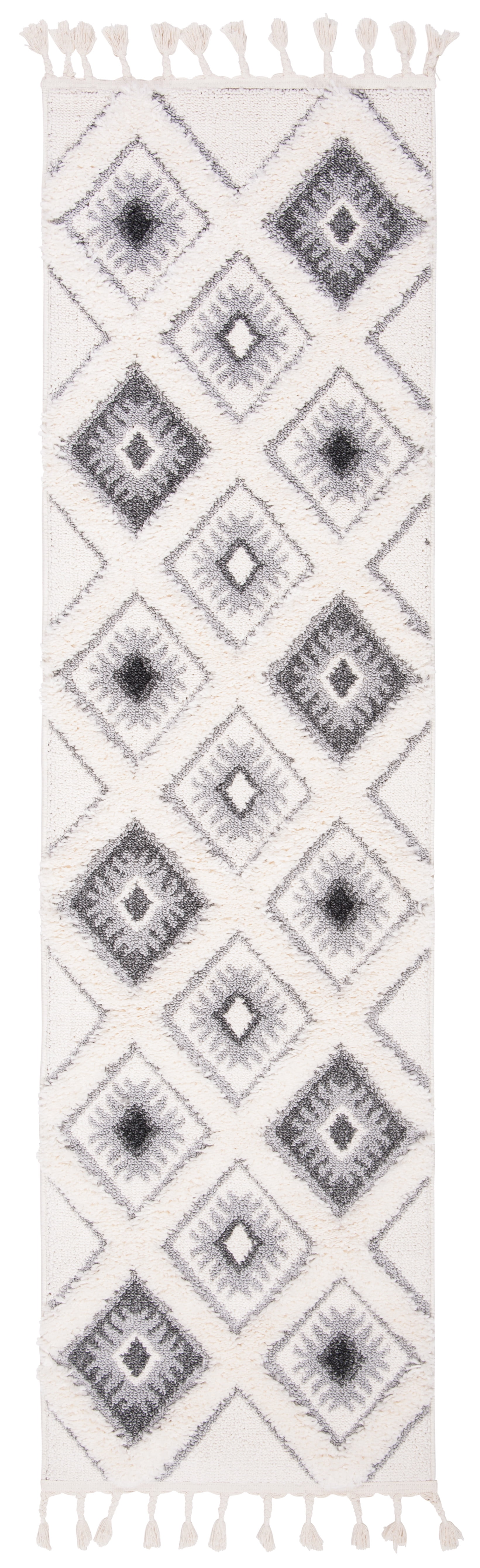 SAFAVIEH Moroccan Tassel Shag Elsie Moroccan Geometric Runner Rug, Ivory/Grey, 2'3" x 8'