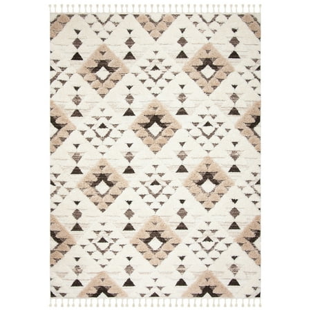 SAFAVIEH Moroccan Tassel Shag Larry Moroccan Geometric Area Rug, Ivory/Brown, 9' x 12'