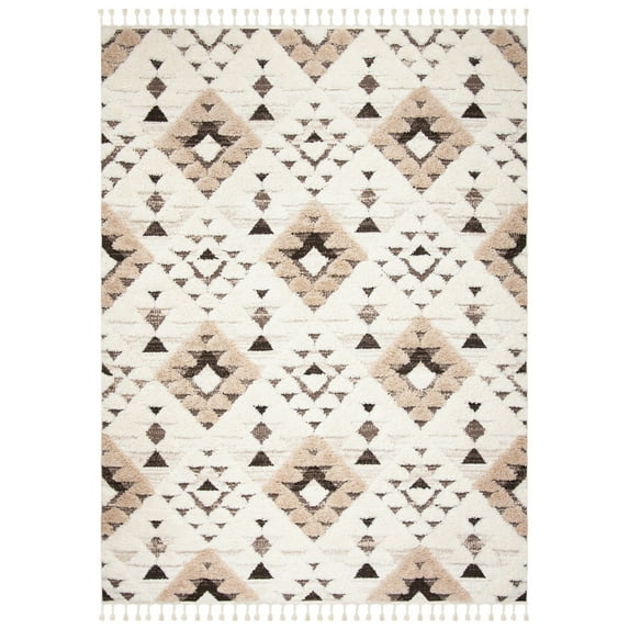 SAFAVIEH Moroccan Tassel Shag Larry Moroccan Geometric Area Rug, Ivory/Brown, 9' x 12'