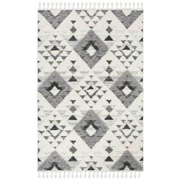 SAFAVIEH Moroccan Tassel Shag Larry Moroccan Geometric Area Rug, Ivory/Grey, 4' x 6'
