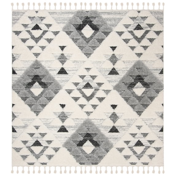 SAFAVIEH Moroccan Tassel Shag Larry Moroccan Geometric Area Rug, Ivory/Grey, 6'7" x 6'7" Square