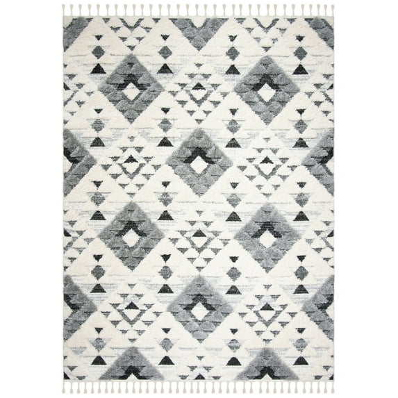 SAFAVIEH Moroccan Tassel Shag Larry Moroccan Geometric Area Rug, Ivory/Grey, 9' x 12'