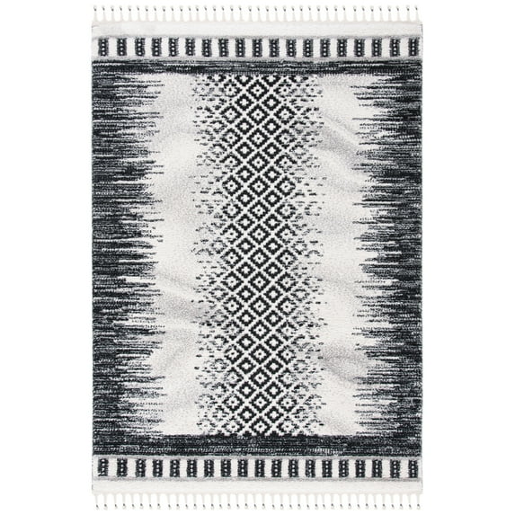 SAFAVIEH Moroccan Tassel Willard Wavy Striped Shag Area Rug, Ivory/Black, 9' x 12'