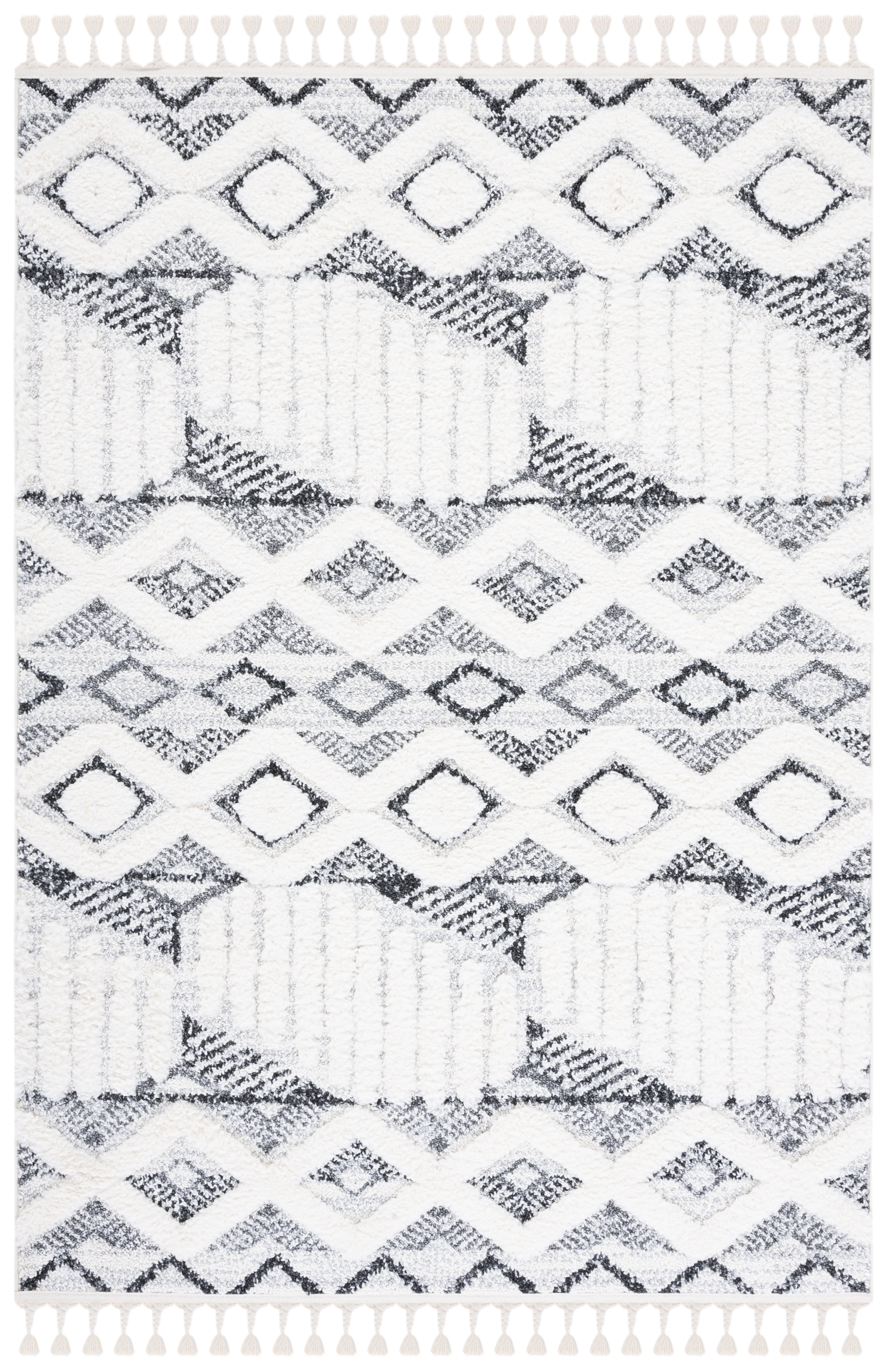 SAFAVIEH Moroccan Tassel Olgica Diamond Shag Area Rug, Ivory/Grey, 3' x 5'