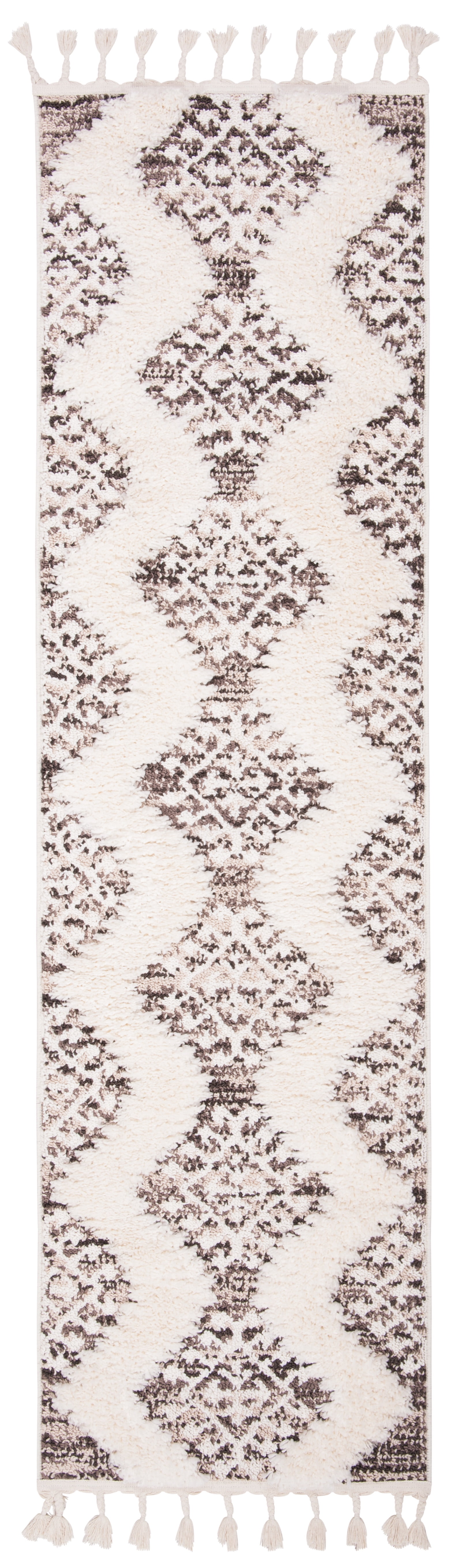 Ivory and Brown Diamond Shag Runner Rug with Tassels