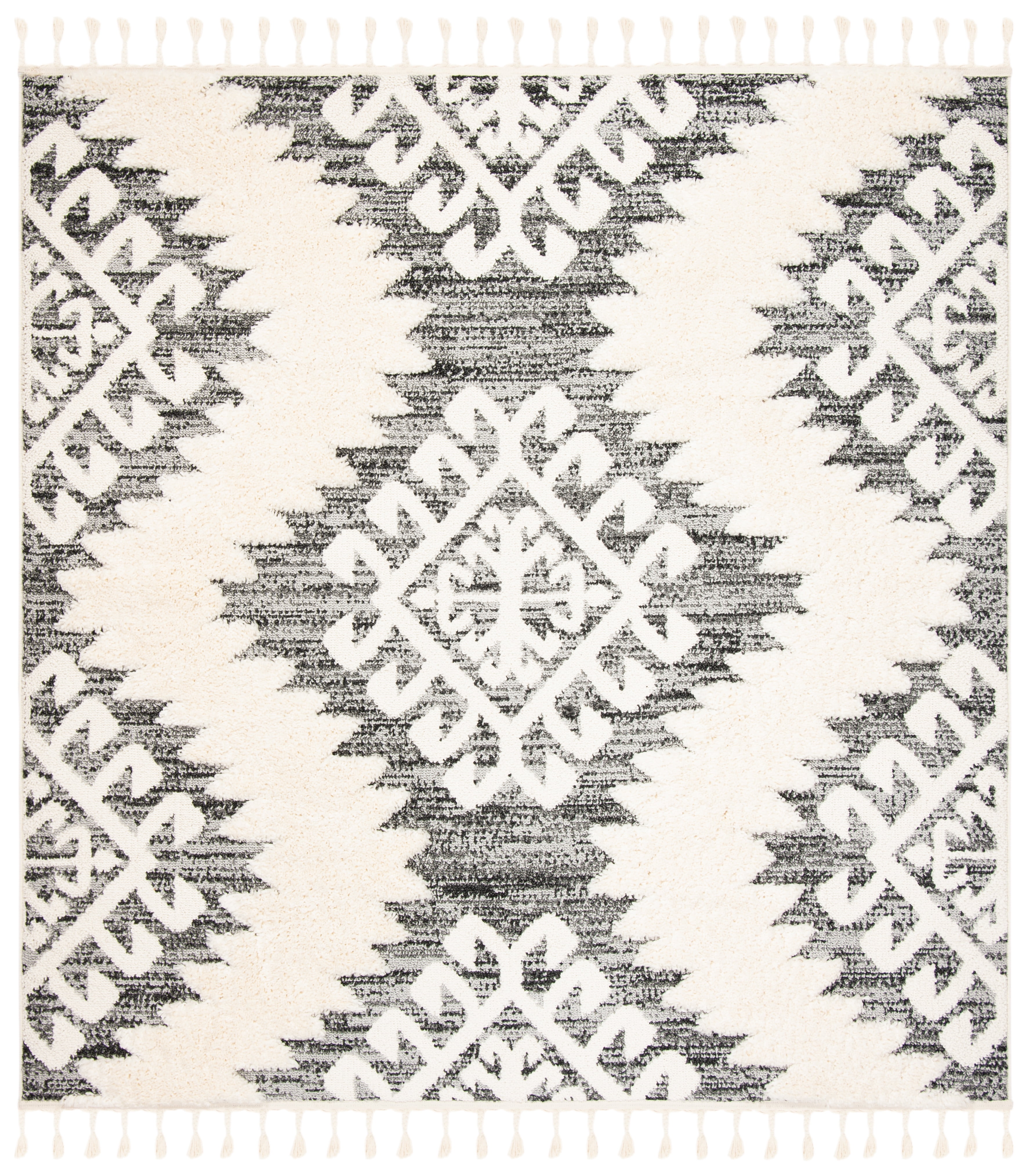Ivory and Grey Diamond Braided Tassel Shag 3' Square Rug