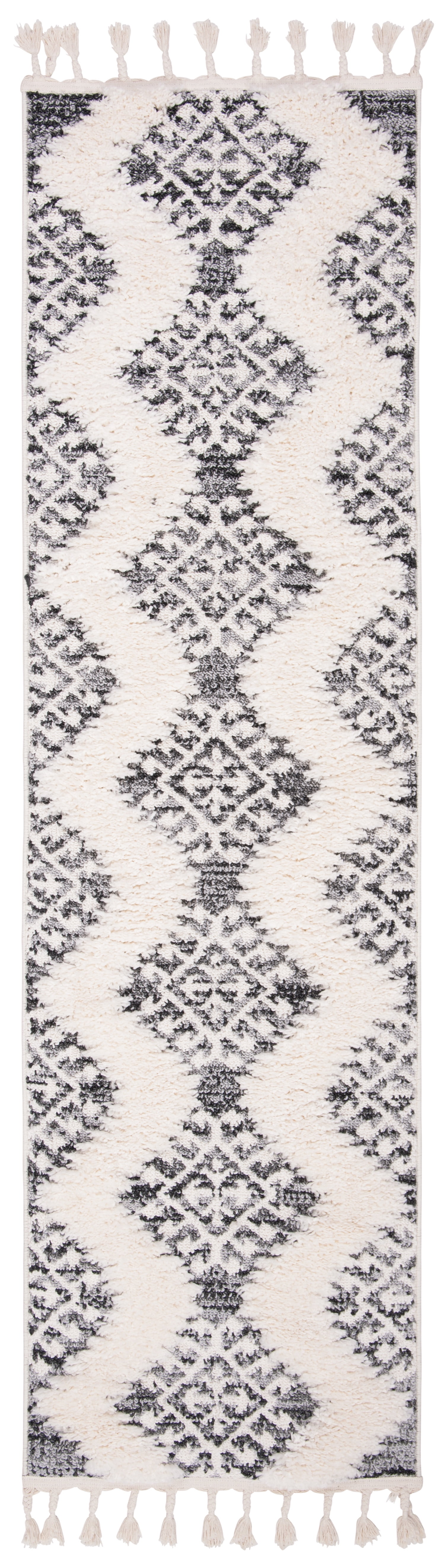 Ivory and Grey Diamond Pattern Shag Runner Rug with Tassels