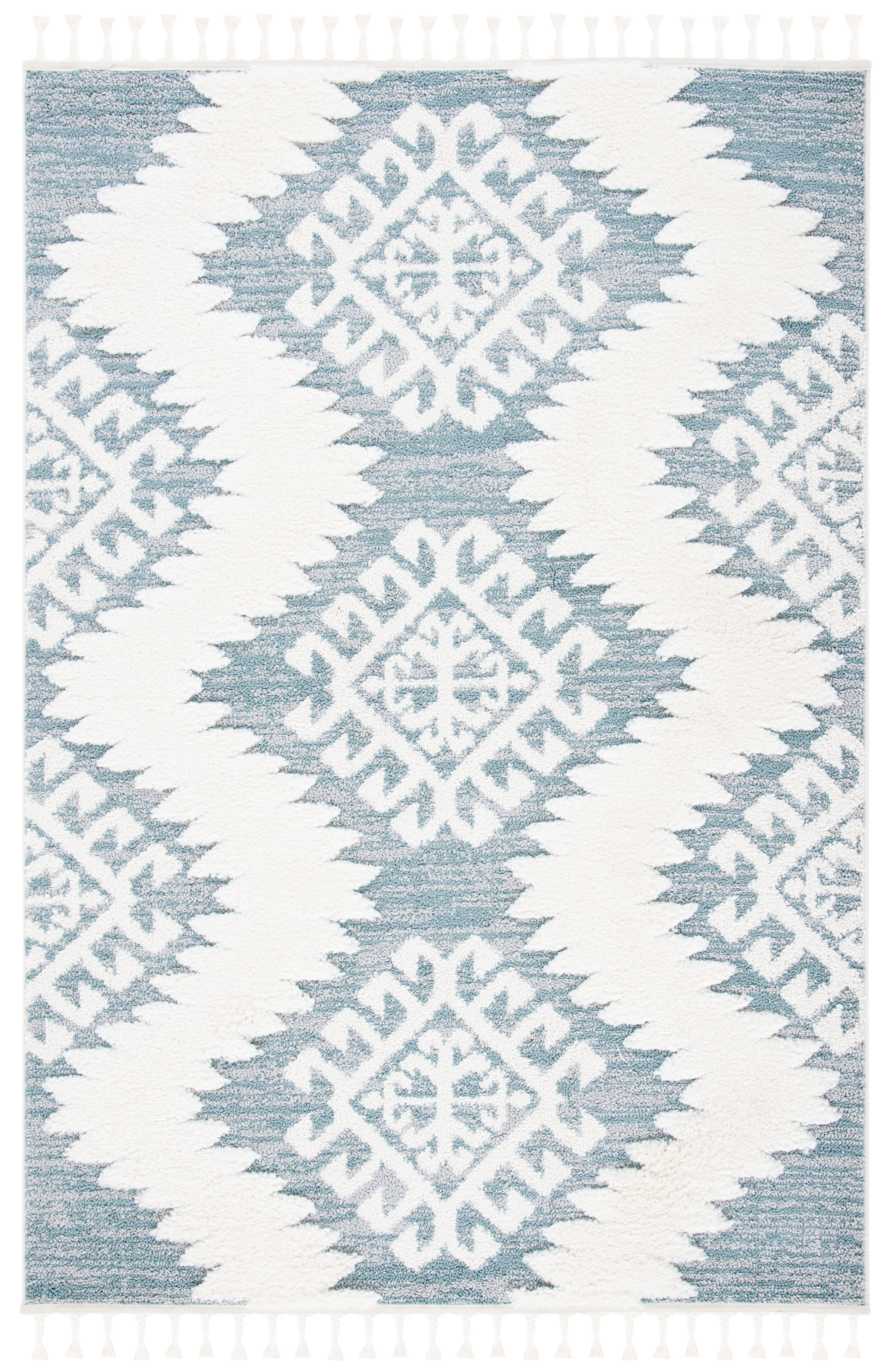Teal and Ivory Diamond Pattern Rectangular Shag Rug