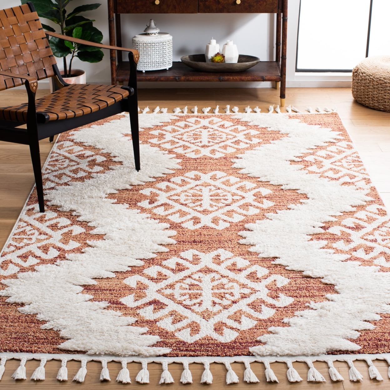 Ivory Diamond Braided Shag Rectangular Rug, 6'7" x 9'2"