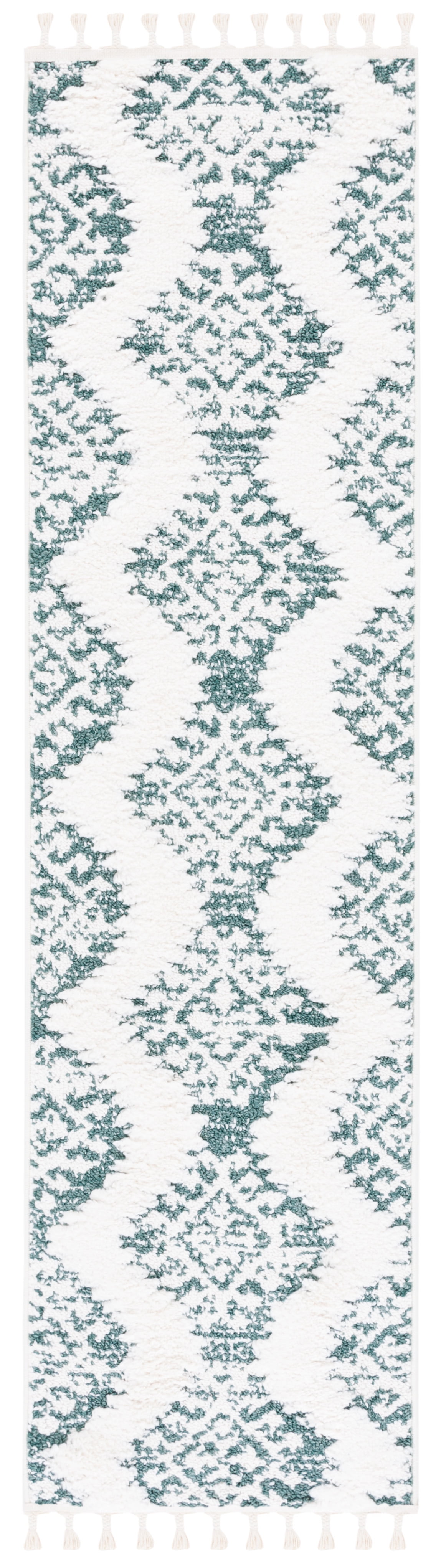 Green and Ivory Diamond Pattern Synthetic Shag Runner Rug