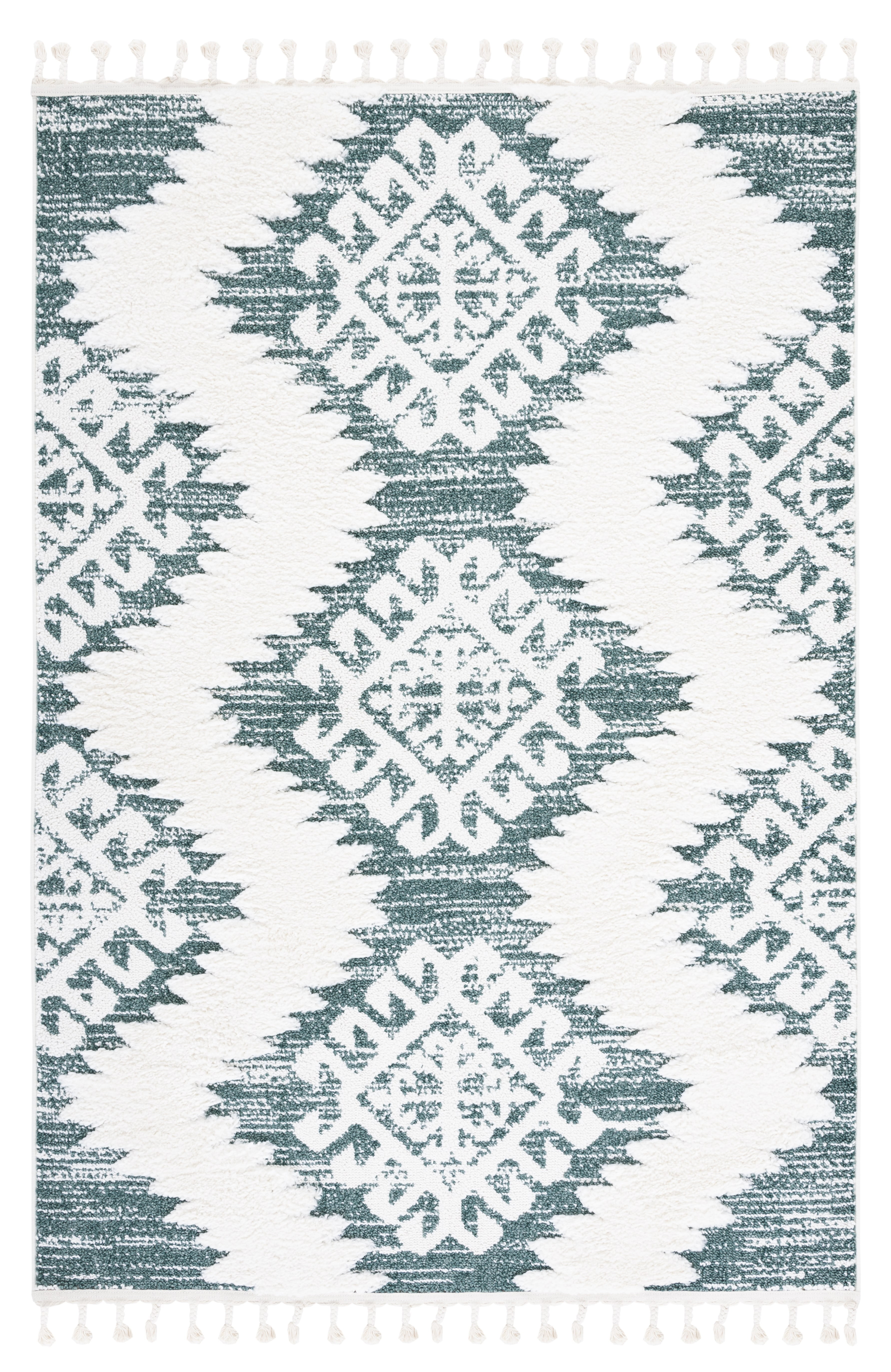 Ivory and Green Diamond Shag Area Rug with Tassels