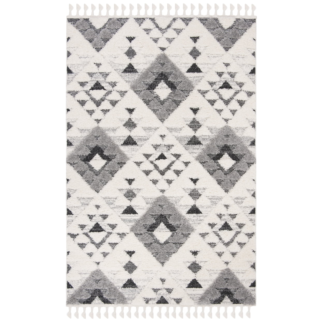 Ivory and Gray Diamond Shag Rug with Braided Tassels