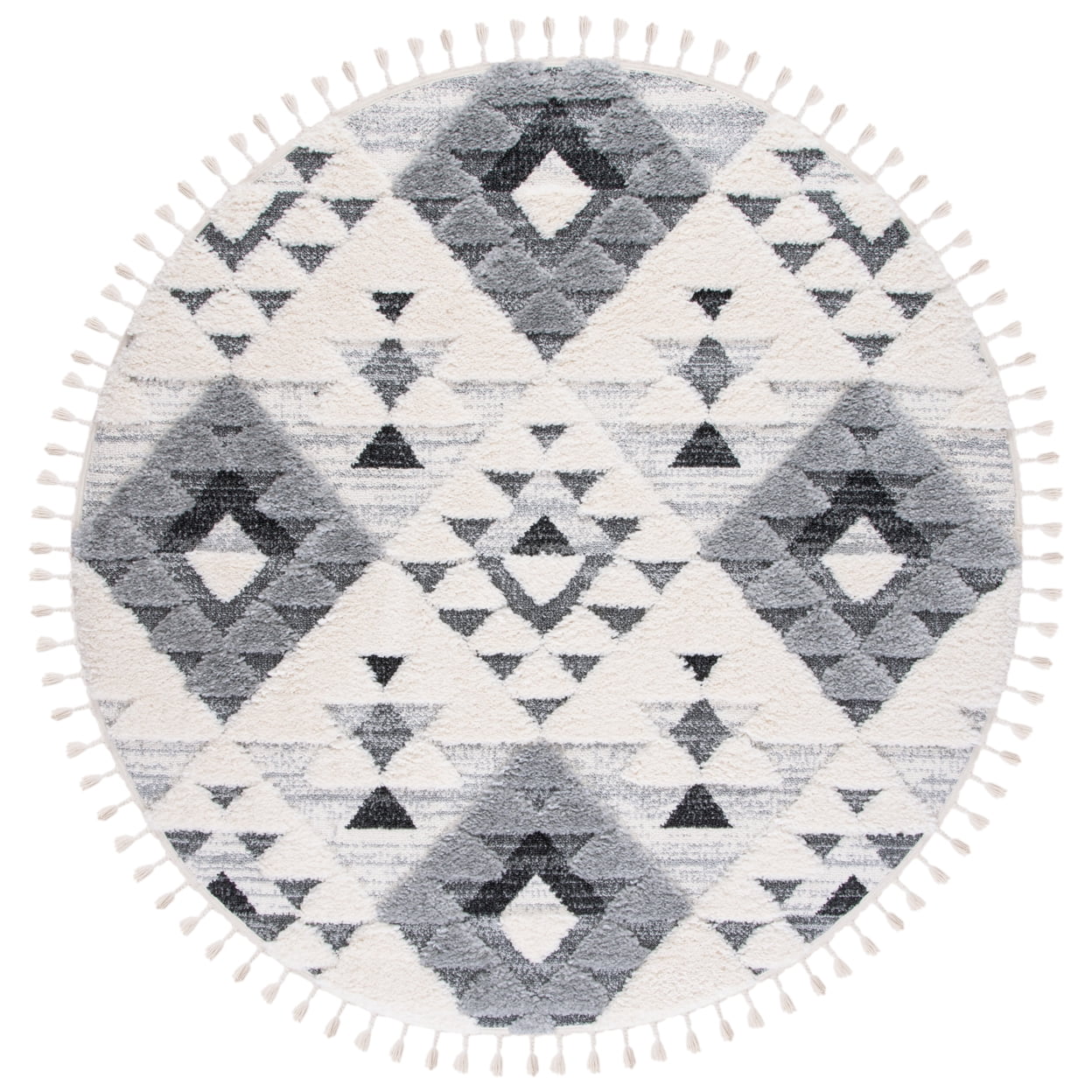 Ivory and Grey Diamond Braided Shag Rug, 3 ft Round