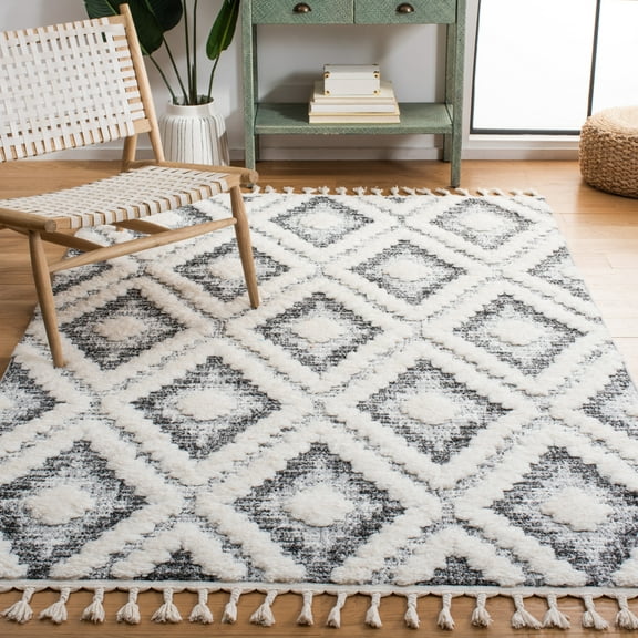 SAFAVIEH Moroccan Tassel Simon Diamond Shag Area Rug, Ivory/Grey, 8' x 10'