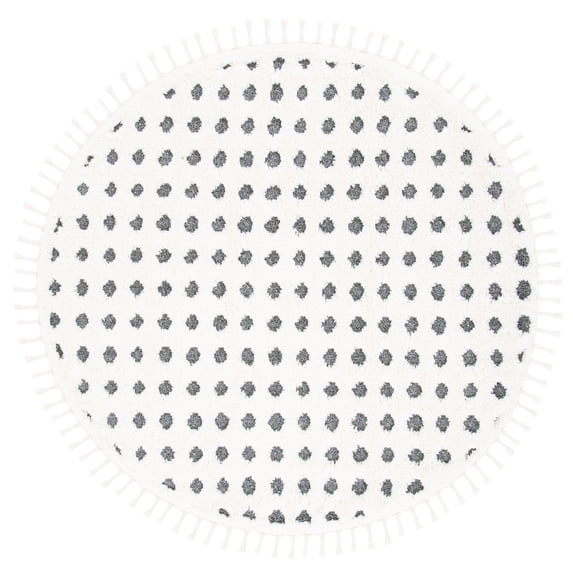 SAFAVIEH Moroccan Tassel Siofra Dot Print Shag Area Rug, Ivory/Grey, 6'7" x 6'7" Round