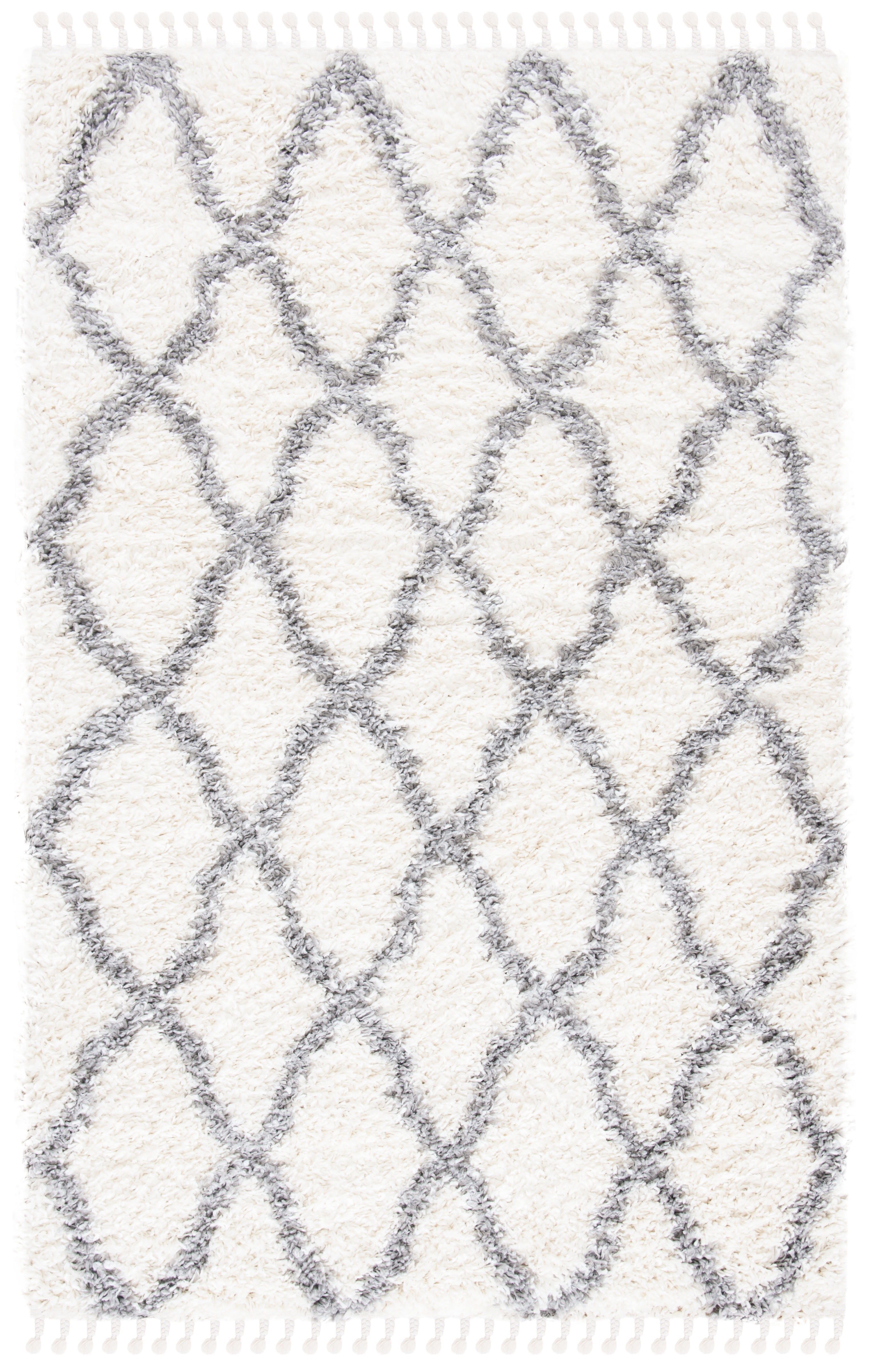 Ivory and Light Grey Diamond Shag Area Rug with Tassels