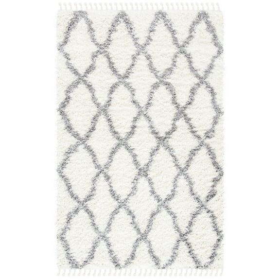 SAFAVIEH Moroccan Tassel Tangier Geometric Diamonds Shag Area Rug, Ivory/Light Grey, 4' x 6'