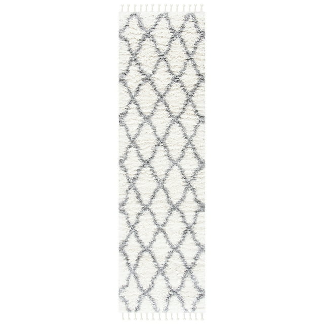 SAFAVIEH Moroccan Tassel Tangier Geometric Shag Runner Rug, Ivory/Light Grey, 2'2" x 8'