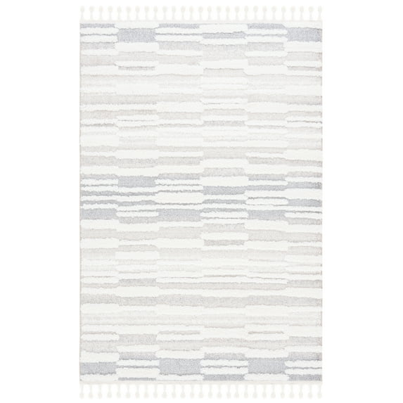 SAFAVIEH Moroccan Tassel Tom Geometric Striped Shag Area Rug, Beige/Ivory, 3' x 5'