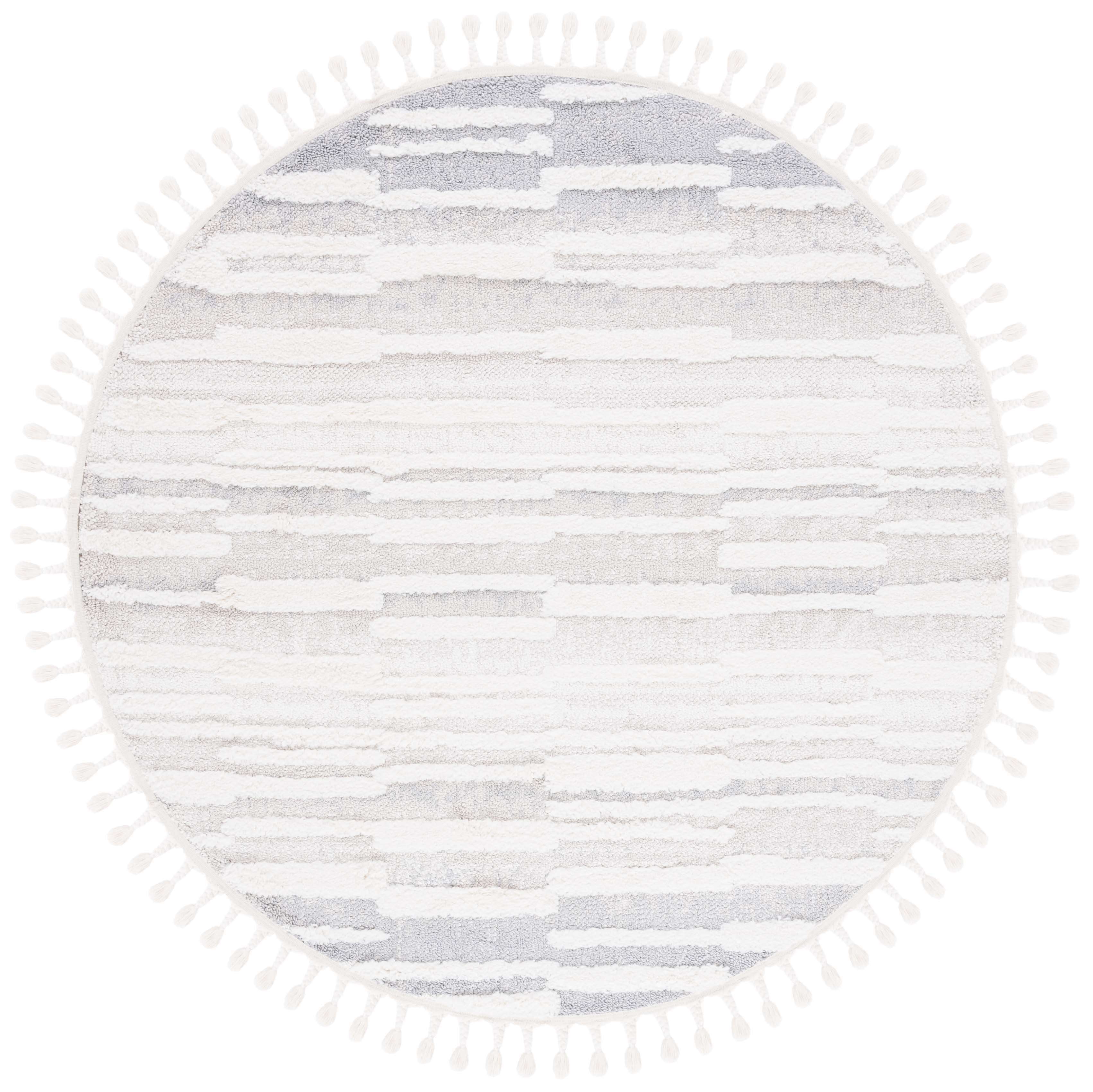 SAFAVIEH Moroccan Tassel Tom Geometric Striped Shag Area Rug, Beige/Ivory, 6'7" x 6'7" Round