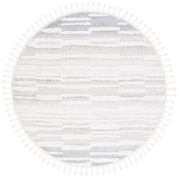 SAFAVIEH Moroccan Tassel Tom Geometric Striped Shag Area Rug, Beige/Ivory, 6'7" x 6'7" Round