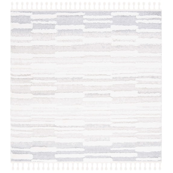 SAFAVIEH Moroccan Tassel Tom Geometric Striped Shag Area Rug, Beige/Ivory, 6'7" x 6'7" Square