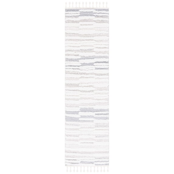 SAFAVIEH Moroccan Tassel Tom Geometric Striped Shag Runner Rug, Beige/Ivory, 2'3" x 8'
