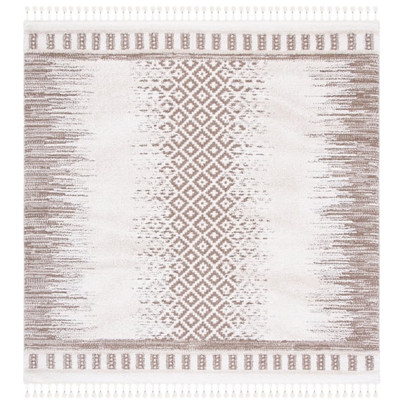 SAFAVIEH Moroccan Tassel Willard Wavy Striped Shag Area Rug, Ivory/Beige, 6'7" x 6'7" Square