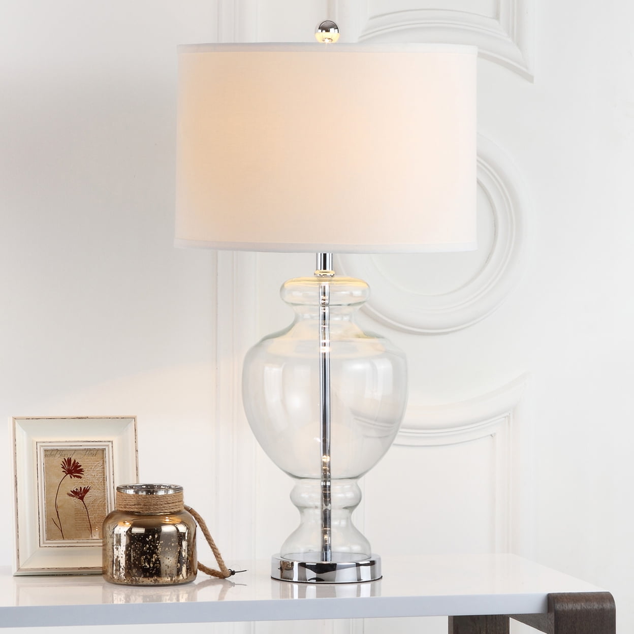 Clear Glass Table Lamp Set with Silver Fittings and Off-White Shade