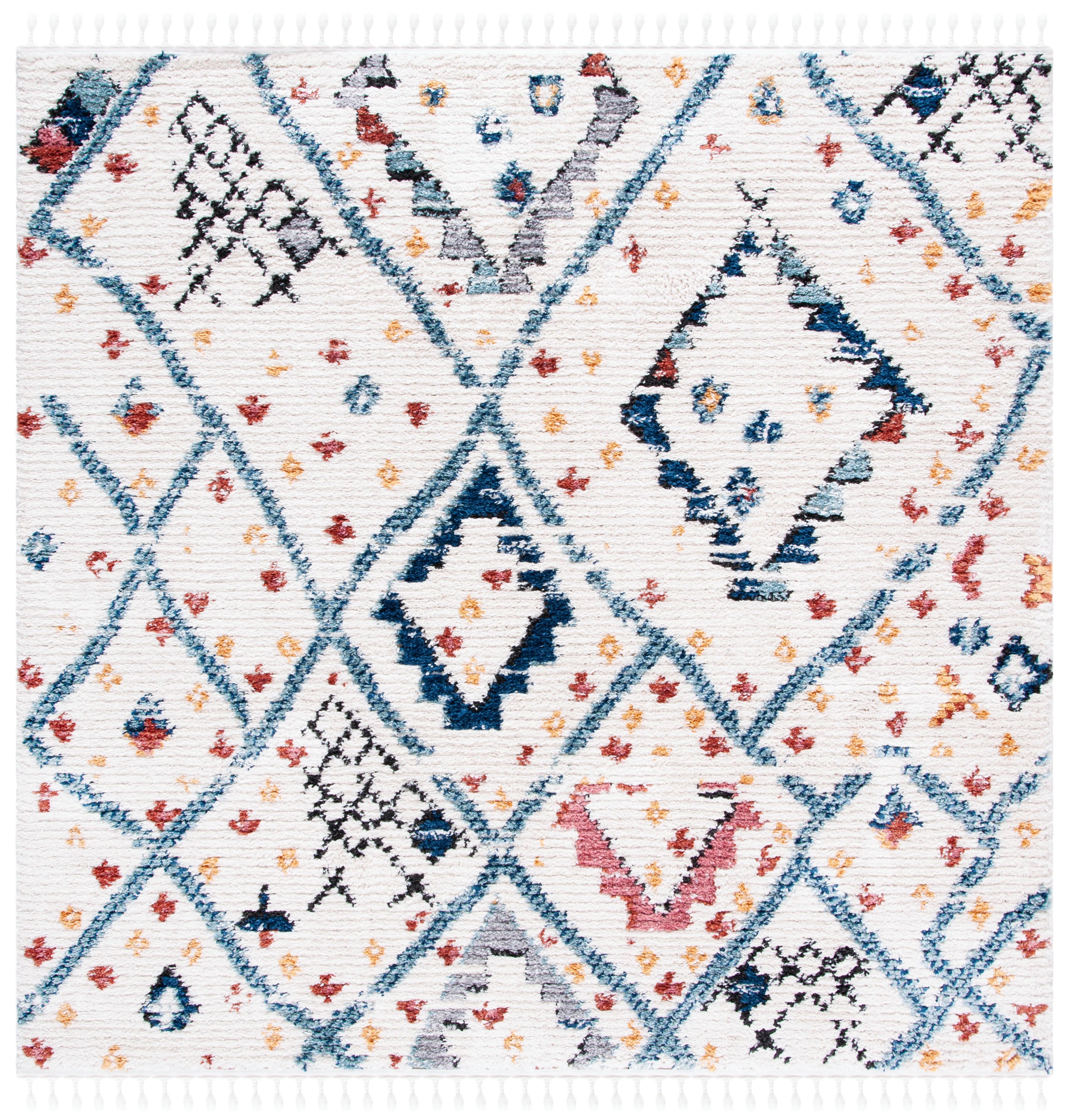 Ivory Diamond Pattern Hand-Knotted Square Rug