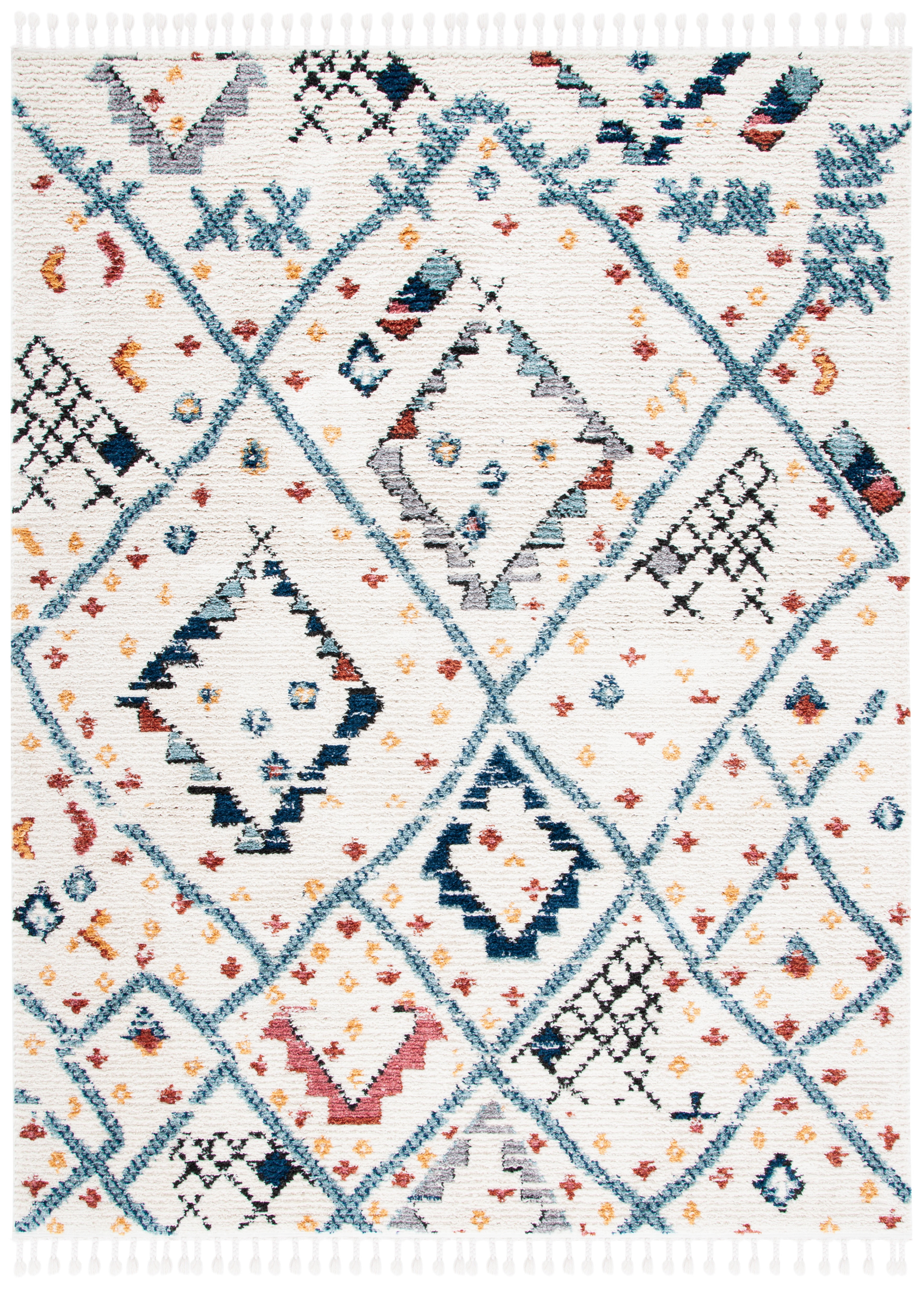 Ivory and Multi Diamond Geometric Round Synthetic Rug