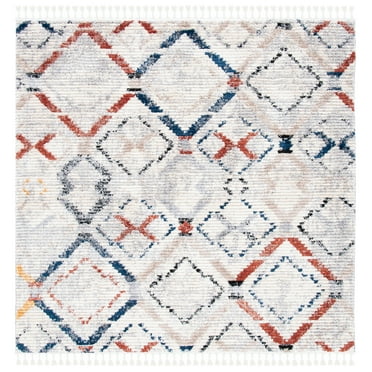 SAFAVIEH Morocco Jack Geometric Polyester Area Rug, Grey/Navy, 6'7" x 6'7" Square