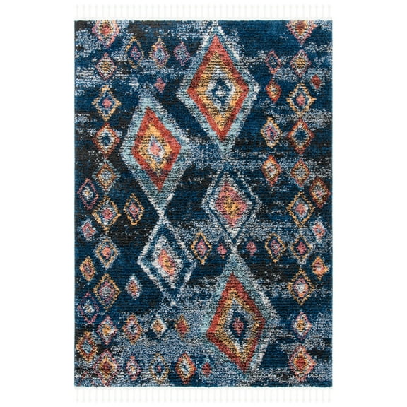 SAFAVIEH Morocco Sloan Abstract Geometric Polyester Area Rug, Navy/Multi, 5'3" x 7'6"