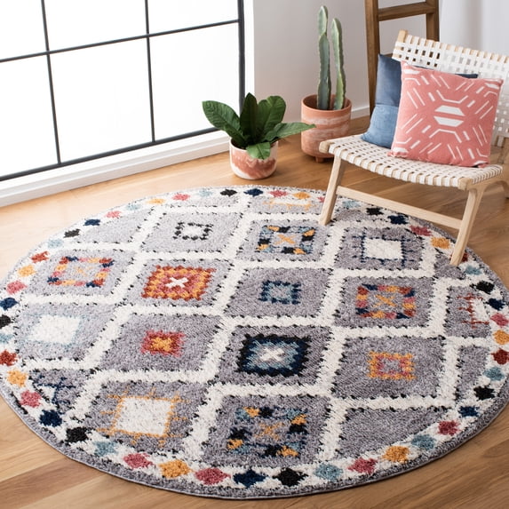 SAFAVIEH Morocco Zowie Geometric Polyester Area Rug, Grey/Multi, 6'7" x 6'7" Round