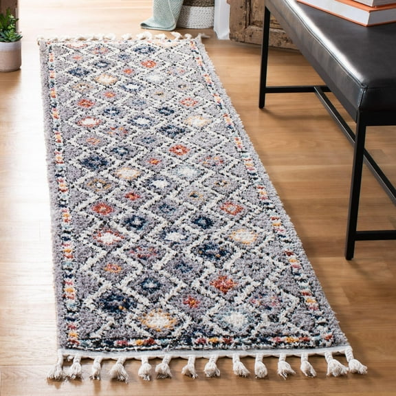 SAFAVIEH Morocco Zowie Geometric Polyester Runner Rug, Grey/Multi, 2'2" x 8'