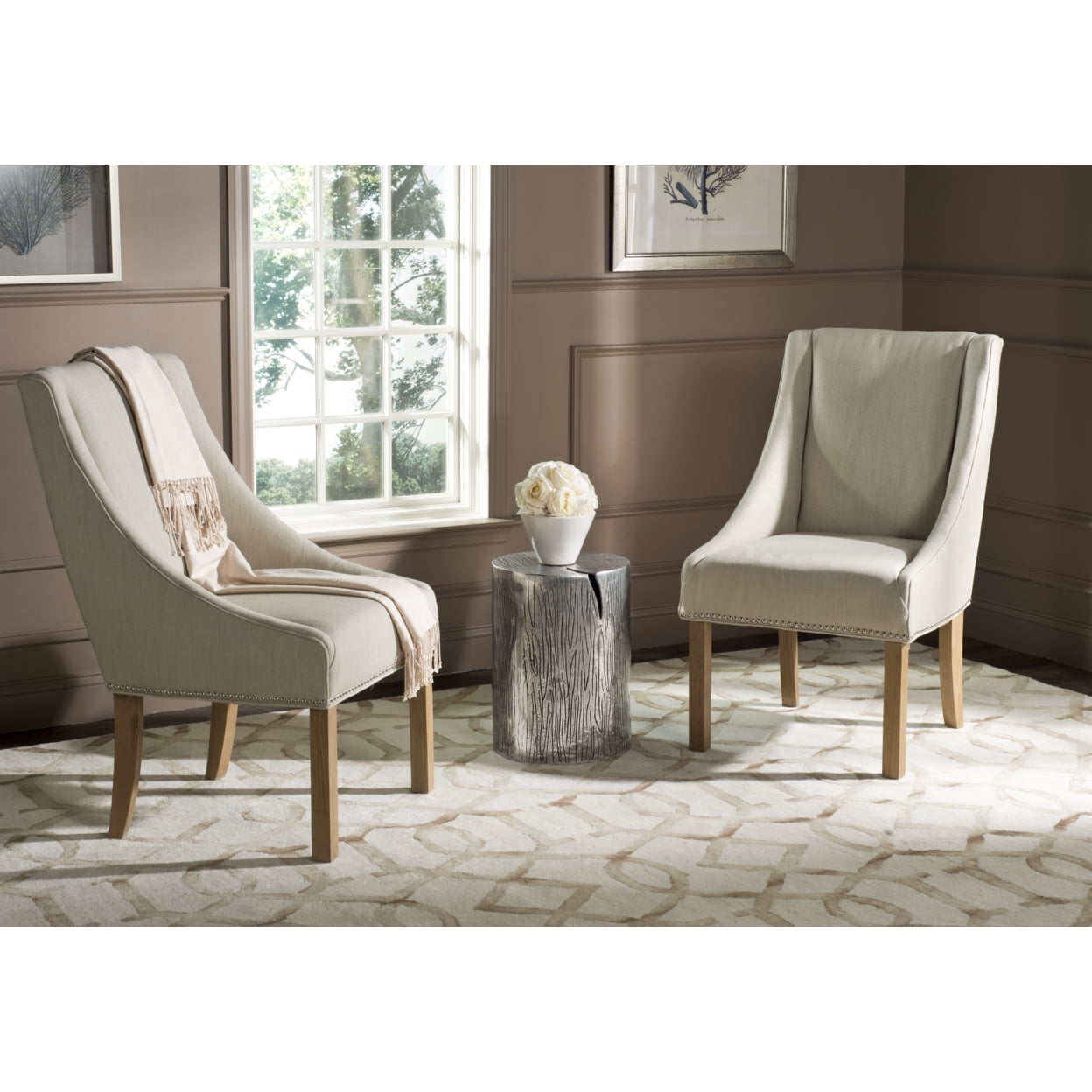 Elegant Beige Linen Upholstered Parsons Side Chair with Silver Nailheads