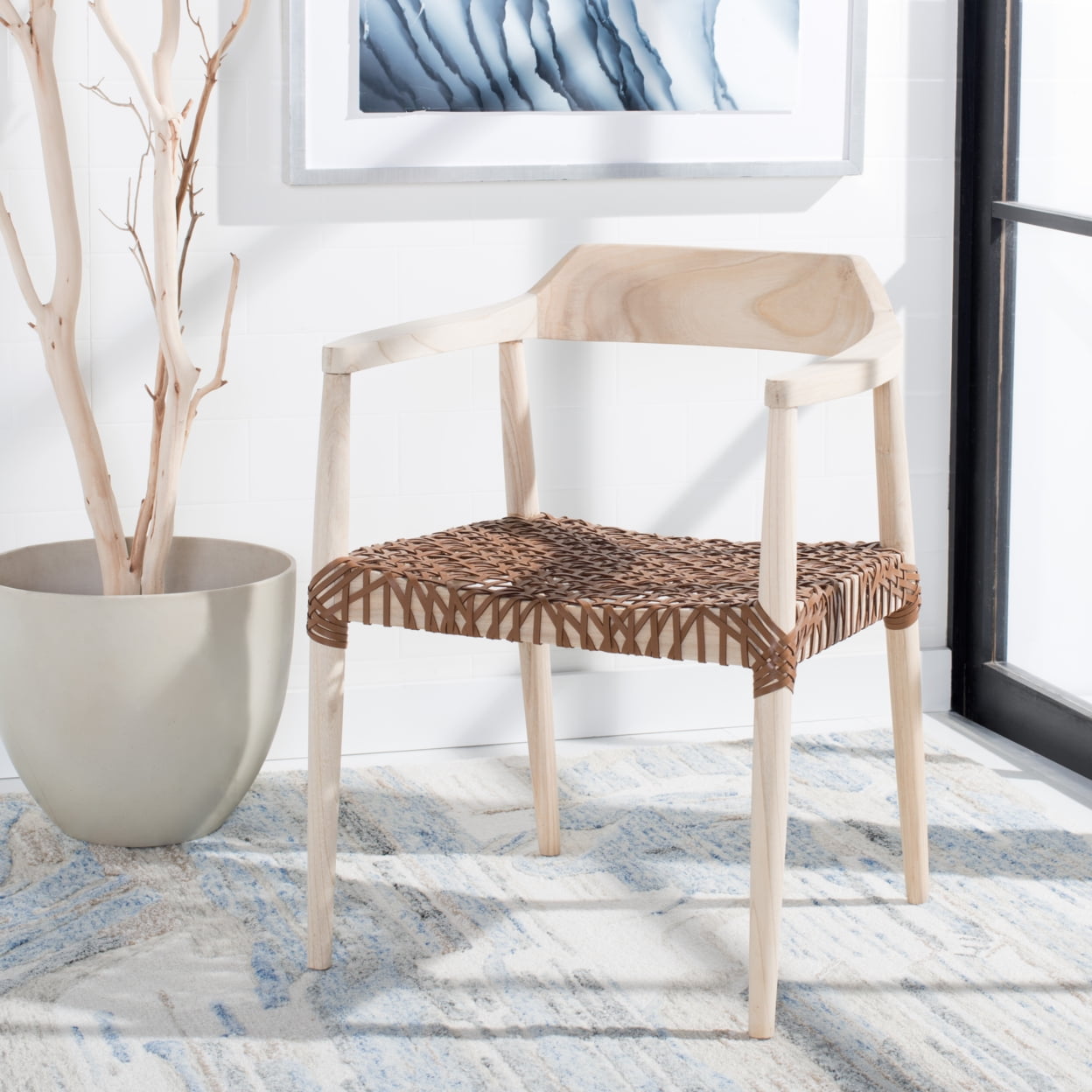 Munro Natural Sungkai Wood and Light Honey Leather Woven Accent Chair