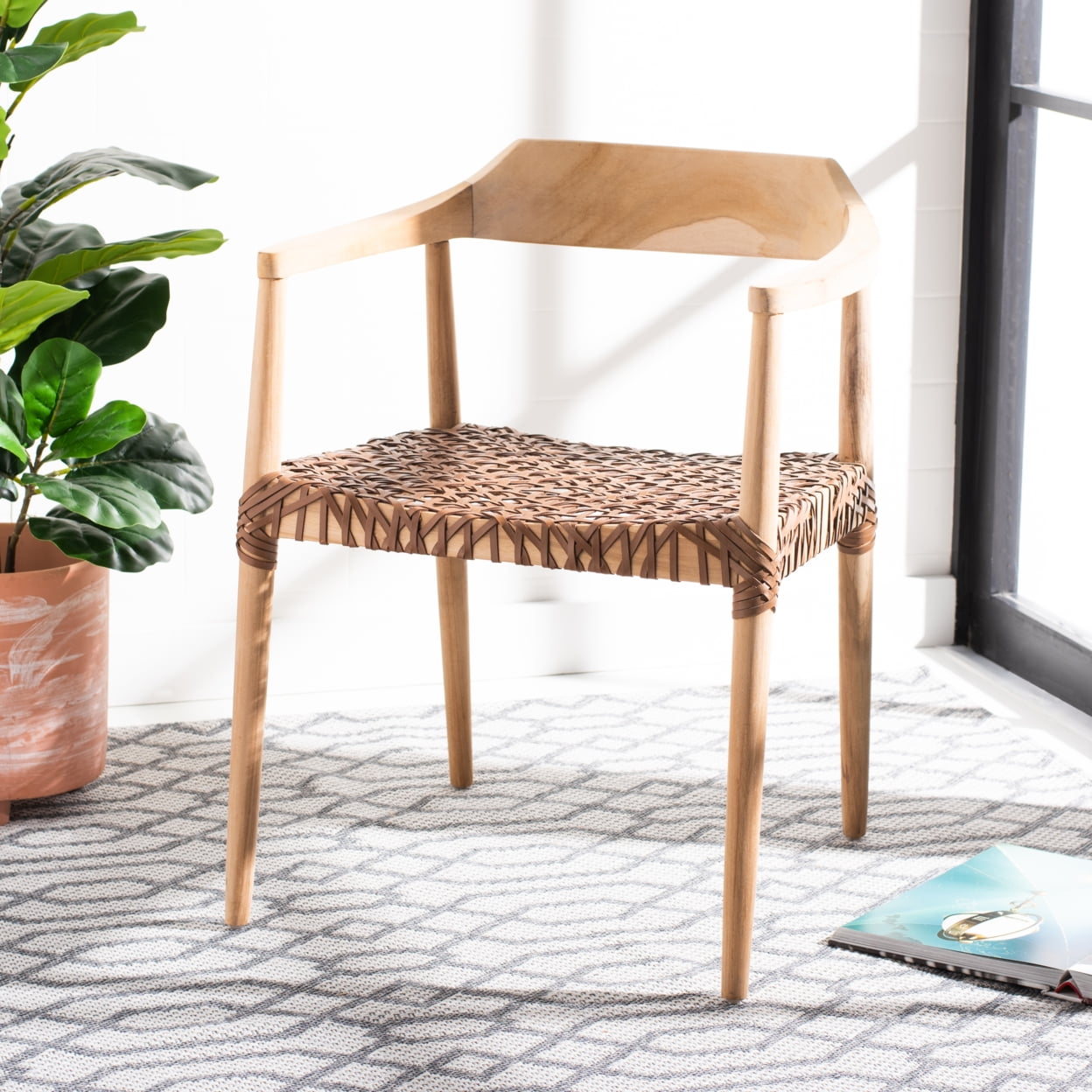 Mid-Century Teak Wood & Woven Leather Accent Chair in Natural Finish