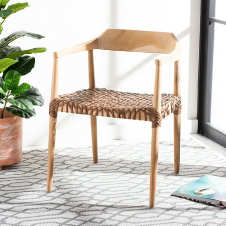 SAFAVIEH Munro Leather Woven Accent Chairs, Unfinished Natural (Teak Wood Frame)/Leather Seat, Green (22 in. W x 20.5 in. D x 28.5 in. H)