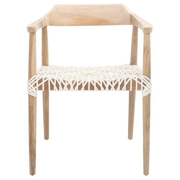 SAFAVIEH Munro Leather Woven Accent Chairs, Unfinished Natural (Teak Wood Frame)/White (Leather Seat) (22 in. W x 20.5 in. D x 28.5 in. H)
