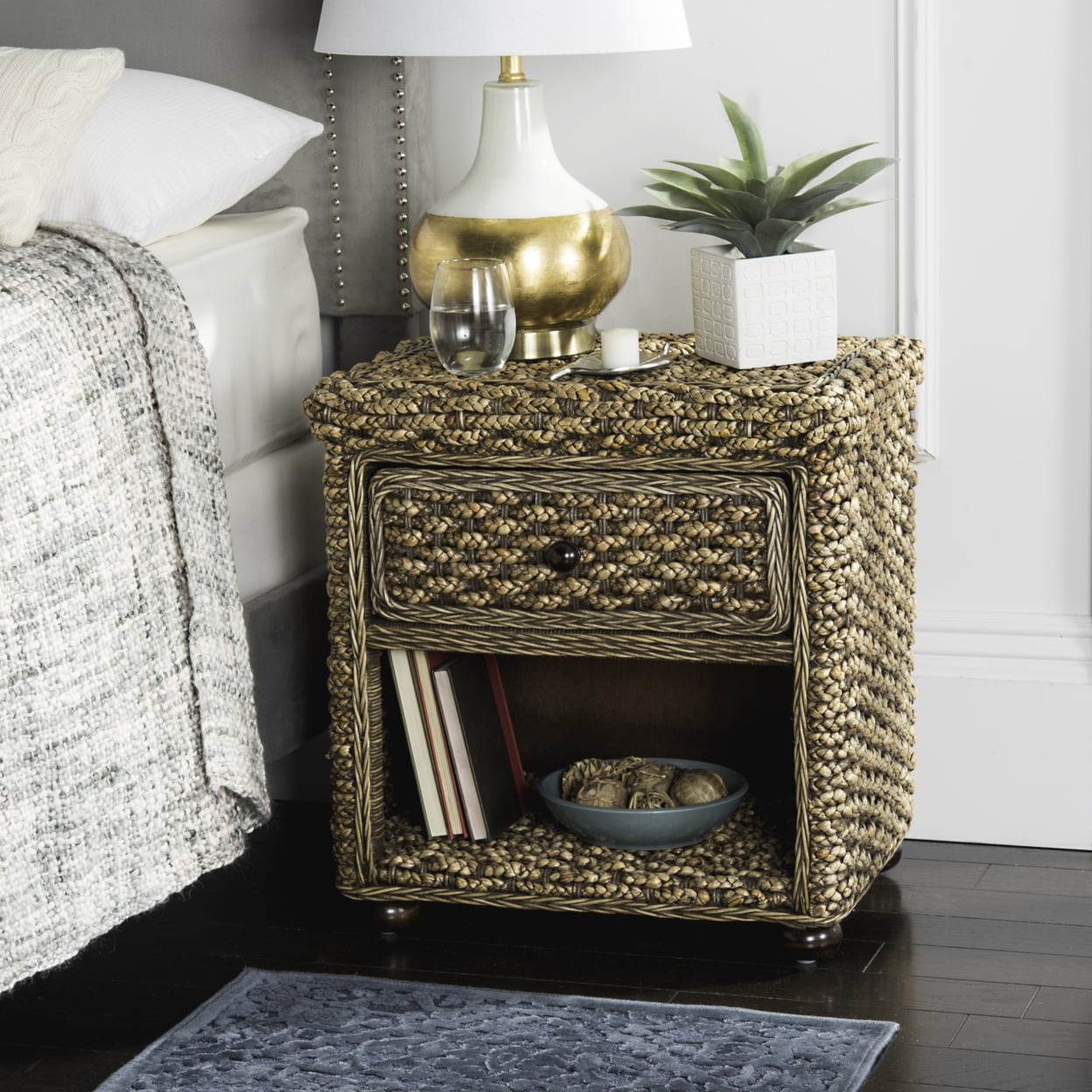 Musa Braided Brown Wicker Nightstand with Drawer and Storage
