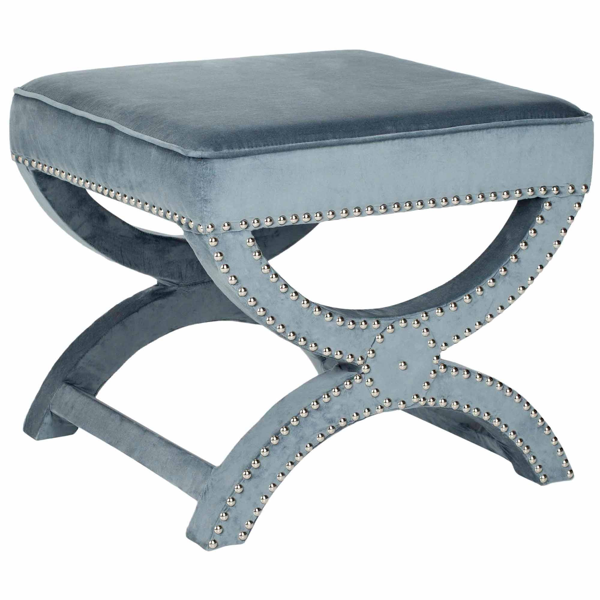 SAFAVIEH Mystic Glam Upholstered Square Ottoman w/ Silver Nail Heads, Wedgewood Blue