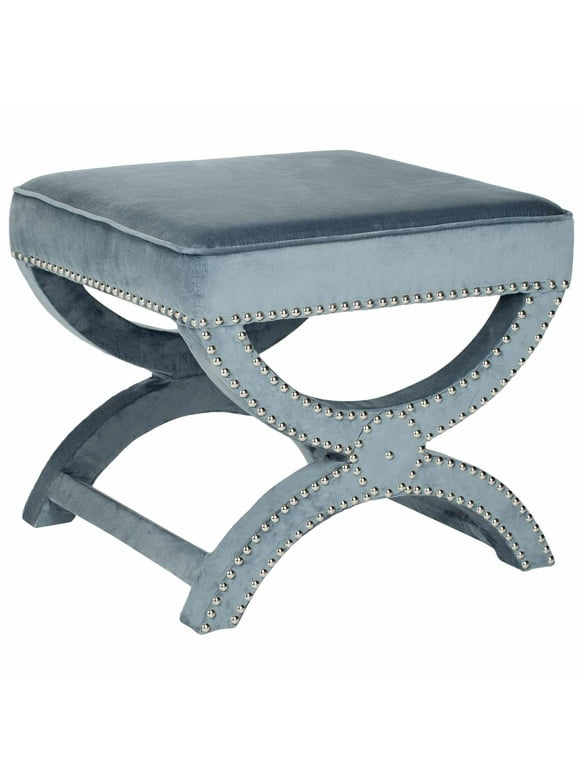 SAFAVIEH Mystic Glam Upholstered Square Ottoman w/ Silver Nail Heads, Wedgewood Blue
