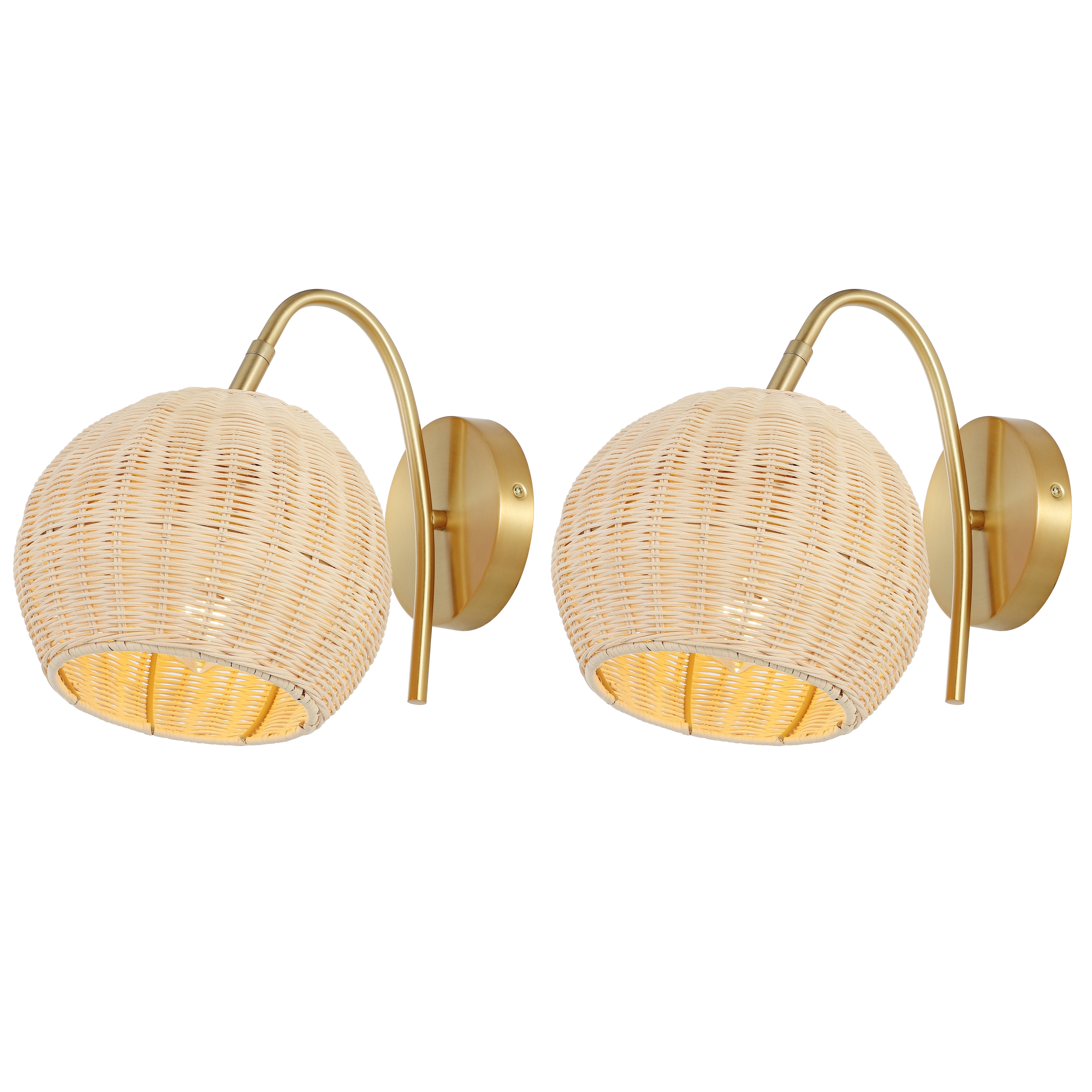 Nahum 8.5" Natural Rattan and Brass Wall Sconce Set